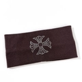 Detail of coffee brown knitted headband featuring a sparkling rhinestone cross design - Brown