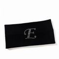 Close-up of black ribbed knit sports headband with a sparkling rhinestone letter E design - Letter E Style