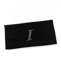 Close-up of black ribbed knit headband featuring a silver rhinestone letter I detail - Letter I Style
