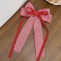 Pasador para el pelo con lazo de cuadros rojos y blancos con detalle de fresa dulce - 4# Estilo de Cinta Larga Grande