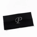 Detail of black ribbed knit headband with sparkling rhinestone letter P decoration - Letter P Style