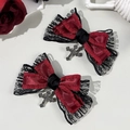 Gothic wine red bow hair clips with black lace and vintage silver cross pendants - 5# (Single)