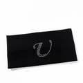 Close-up of black knitted elastic headband with sparkling silver rhinestone letter detail - Letter U Style