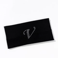 Close-up of black elastic yoga headband with rhinestone letter V on knit fabric - Style Letter V