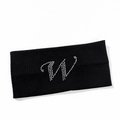 Macro detail of elastic black knitted sports headband featuring silver rhinestone letter W - Letter W Style