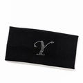 Detail of black ribbed knit headband with sparkling rhinestone letter Y decoration - Letter Y Style