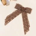 Detail of dark brown lace bow hair clip with fine floral embroidery and long streamers - Dark Coffee Lace Long Streamer (6#)