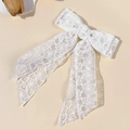 Close-up of elegant white lace bow hair clip with intricate floral embroidery details - White Lace Long Streamer (5#)