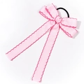 Detail of pink bow hair scrunchie with dark pink wavy edge stitching and long ribbons - Pink
