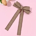 Elegant brown wool bow hair clip with long ribbons and decorative stitching detail - Long Ribbon Brown With Dark Brown Border