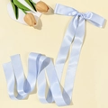 Elegant long light blue satin ribbon hair clip with a bow and tulip flower decor - Blue