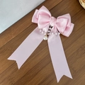 Elegant pink satin bow hair clip with pearl tassels and gold metal ring accent - Pink
