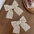 Bloemen haarstrikjes in beige en bruine stof met retro jacquard patroon - 3#