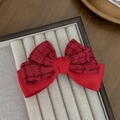 Elegante pinza para el pelo con lazo de tela roja con capas de tweed y satén para mujer - Rojo