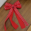 Red grosgrain ribbon bow hair clip with pink hearts and long flowing streamers - Long Style / Red