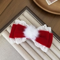 Barrette nœud en velours rouge avec pompon blanc et bordure en dentelle délicate - Rouge