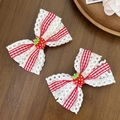 Dettaglio dei fermagli per capelli fragola con pizzo bianco e nastro a righe rossi - 1# Fragola Plaid Pizzo Fiocco (Paio)