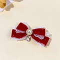 Elegant red velvet hair bow with white lace edges, pearl pendant and rhinestone accents - Red