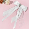 Eleganter weißer Spitzen-Haarclip mit Kristallverzierung und langem Band für Damen - Weiß