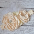 Dettaglio fascia per neonati con fiori di raso, perle, strass e piume morbide - Bianco Sporco