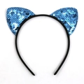 Detailed close-up of shiny blue sequins on cat ear headband for kids party wear - Peacock Blue