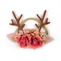 Détail du bandeau de Noël pour bébé avec bois de renne et roses en tissu colorées - Bois de Cerf Velours Café Foncé avec Roses en Tissu Rose Orange (HFL51)