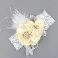 Lace baby headband with satin rose, white feathers and pearl fringe in vintage style - Off-white