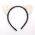 Cute white sequin cat ear headband with holographic glitter for festive hair styling - Pink White