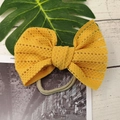 Handmade large yellow lace bow hair tie with grey elastic nylon headband for kids - Turmeric