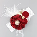 Dark red satin flower headband with white feathers and pearls for girls - Burgundy