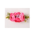 Rosa Blumen-Haarband für Babys mit drei Kunstblumen und Blättern auf elastischem Band - Fuchsia