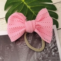 Pink lace bow hair tie for kids with high-elastic band on a stylish wooden background - Light Pink