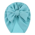 Detail of baby turban hat featuring a large bow and light blue waffle knit texture - One Size / Aqua Blue