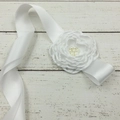White satin ribbon belt featuring handcrafted fabric flowers with central pearl accents - White