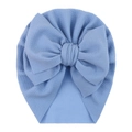 Close-up of light blue bubble fabric baby turban hat with a large bow detail - One Size / Light Blue