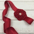 Elegant dark red satin children belt featuring a fabric rose flower and white faux pearls - Red