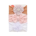 3-pack infant nylon headbands with 3D fabric flowers and bow in brown, pink, and white - Brown/Light Pink/Pure White (DP326-5)