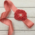 Elegant coral satin sash belt featuring a large fabric rose and white pearls for girls - Watermelon red