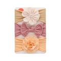 Three-piece infant headband set featuring soft nylon bows and chiffon flowers in pink tones - Light Pink/Dusty Pink/Light Orange (DP326-6)