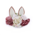 Diadema navideña de orejas de conejo y flores para bebés con encaje y rosas de fieltro - Orejas de Conejo Camello con Rosas Biónicas Rojo Oscuro (HH84-3)
