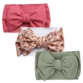 Three-piece baby headband set with large bows in rose red, floral print, and sage green - Rose Red Floral Bean Green Set (KK01-16A+KK14-177+KK01-40)