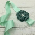 Mint green ribbon sash with handmade deep teal fabric flower and pearl accents - Bean Green