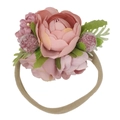 Baby pink floral headband with nylon elastic band and green leaves on white background - HH16-16
