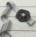 Grey satin flower waist belt for children or maternity photos with pearls - Gray