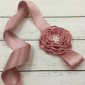 Elegant dusty pink satin belt with a handcrafted fabric flower and pearl centerpiece - Korean Pink