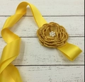 Yellow satin ribbon belt for kids featuring a large fabric flower with pearl center - Gold