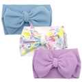 Three-piece baby headband set featuring large bows in blue, lilac, and fruit prints - Blue Fruit Purple Set (KK01-26+KK14-05+KK01-24)