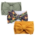 Three-piece baby bow headband set in olive green, camo pattern, and mustard yellow hues - Olive Camo Ginger Set (KK01-40+KK14-92+KK01-43)