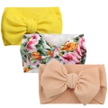 Three-piece baby headband set with large bows in yellow, floral, and pink ribbed fabric - Yellow Vintage Pink Set (KK01-30+KK14-27+KK01-31)