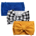 Detailed set of three baby headbands with large bows in waffle knit texture and varied colors - Blue Ginger Houndstooth Set (KK01-12A+KK14-33+KK01-43)